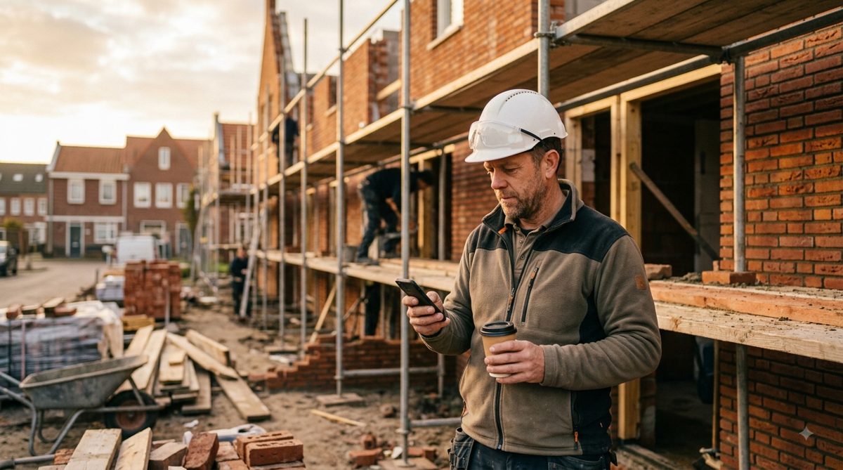 Vakman op een bouwplaats kijkt op zijn telefoon