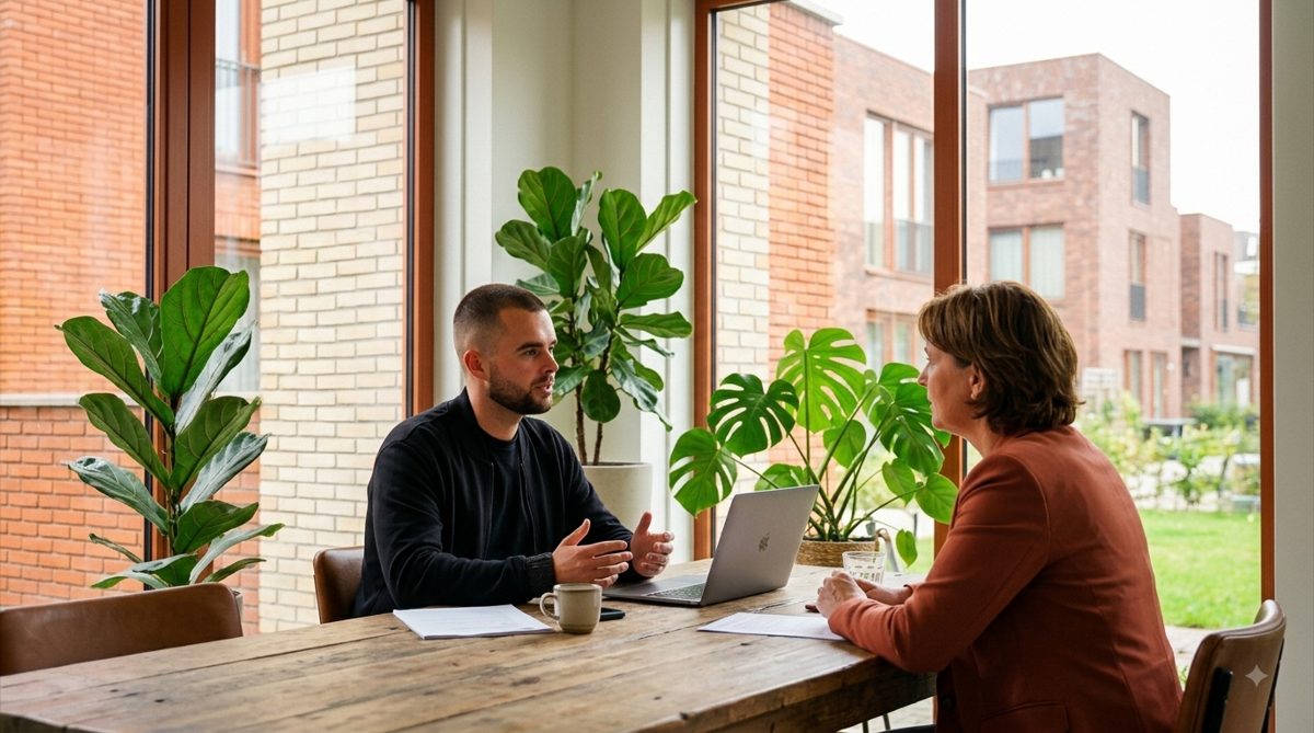 Ondernemer en adviseur in gesprek aan een tafel bij het raam
