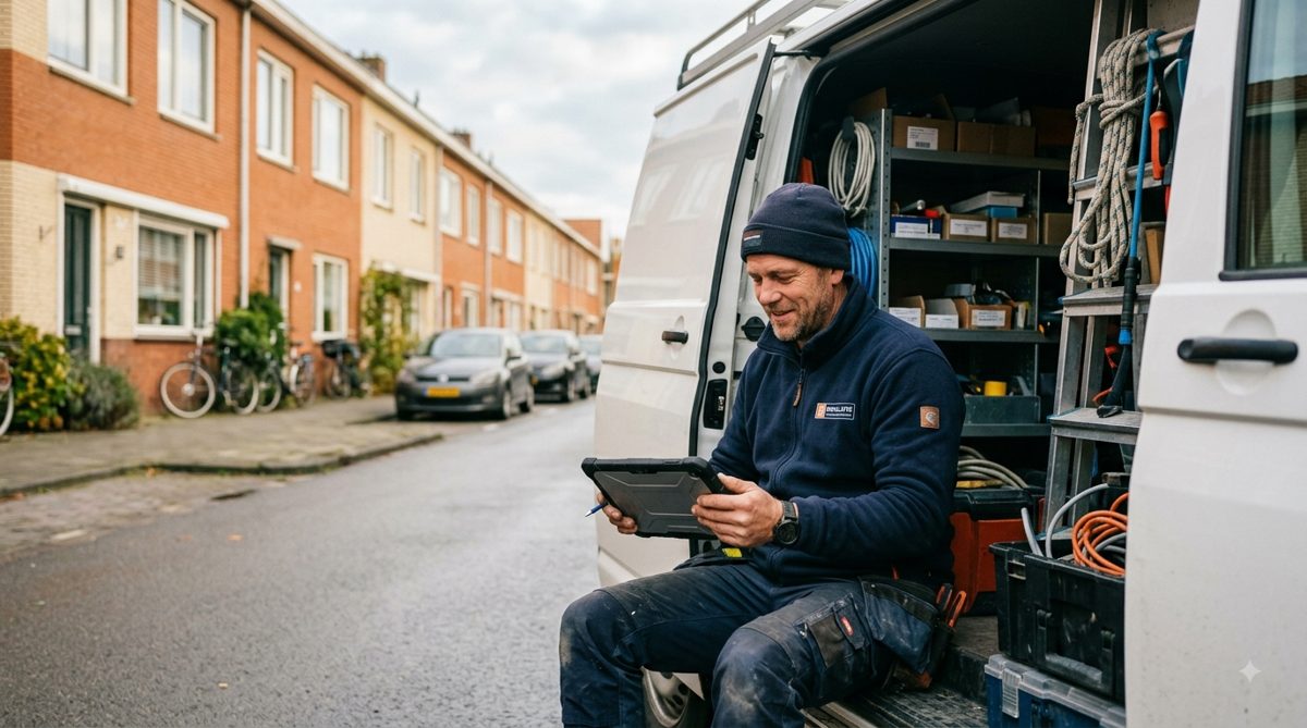 Installateur bekijkt zijn planning op een tablet bij de bus