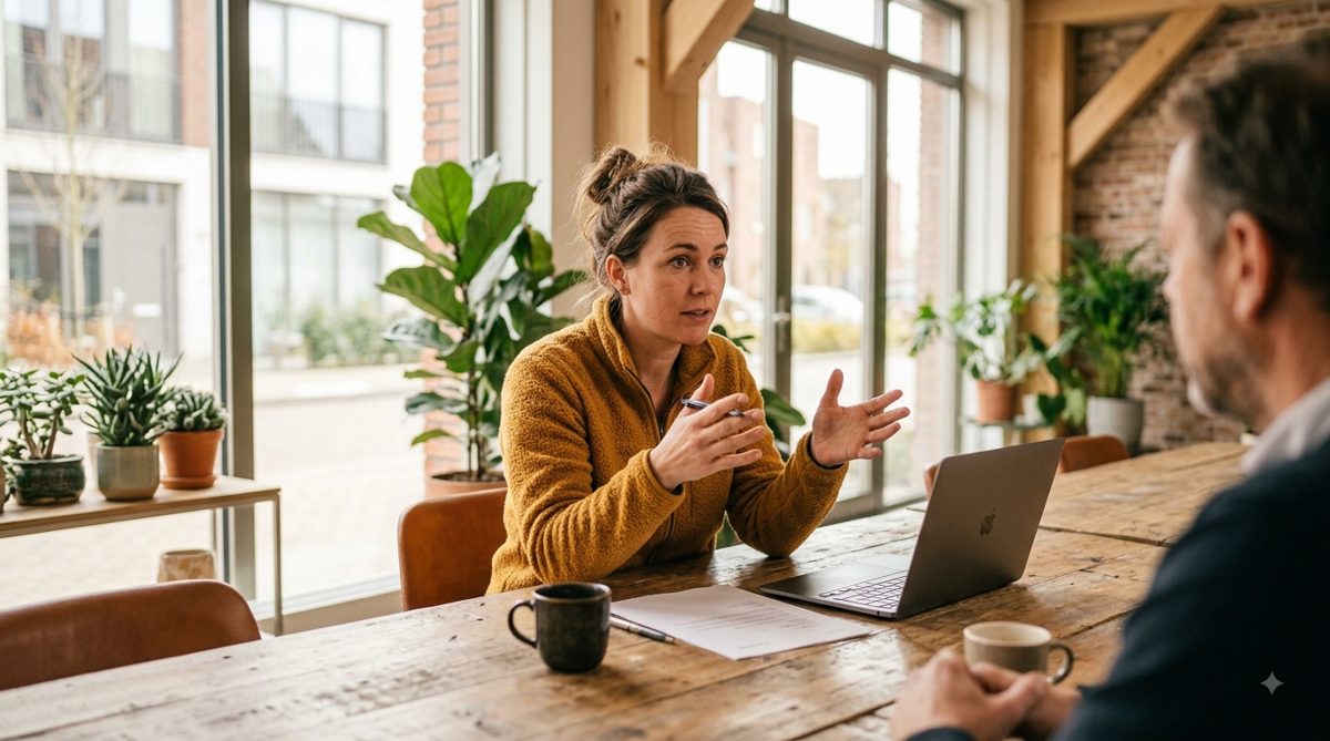 Onderneemster in gesprek achter een laptop